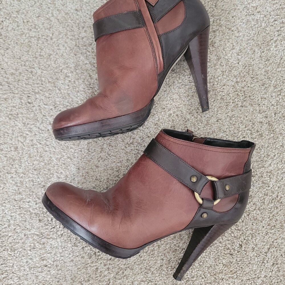 Cole Haan Two-Tone Brown Leather Ankle Booties with Ring Strap